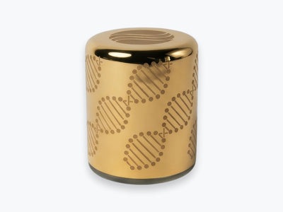 Goldenes Somavedic Elaura Gerät auf weißem Hintergrund.